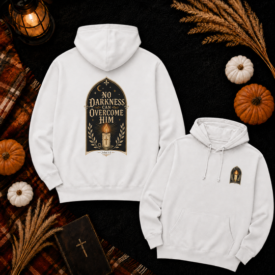 Hoodie — "No Darkness Can Overcome Him" Inspirational Lantern Hoodie