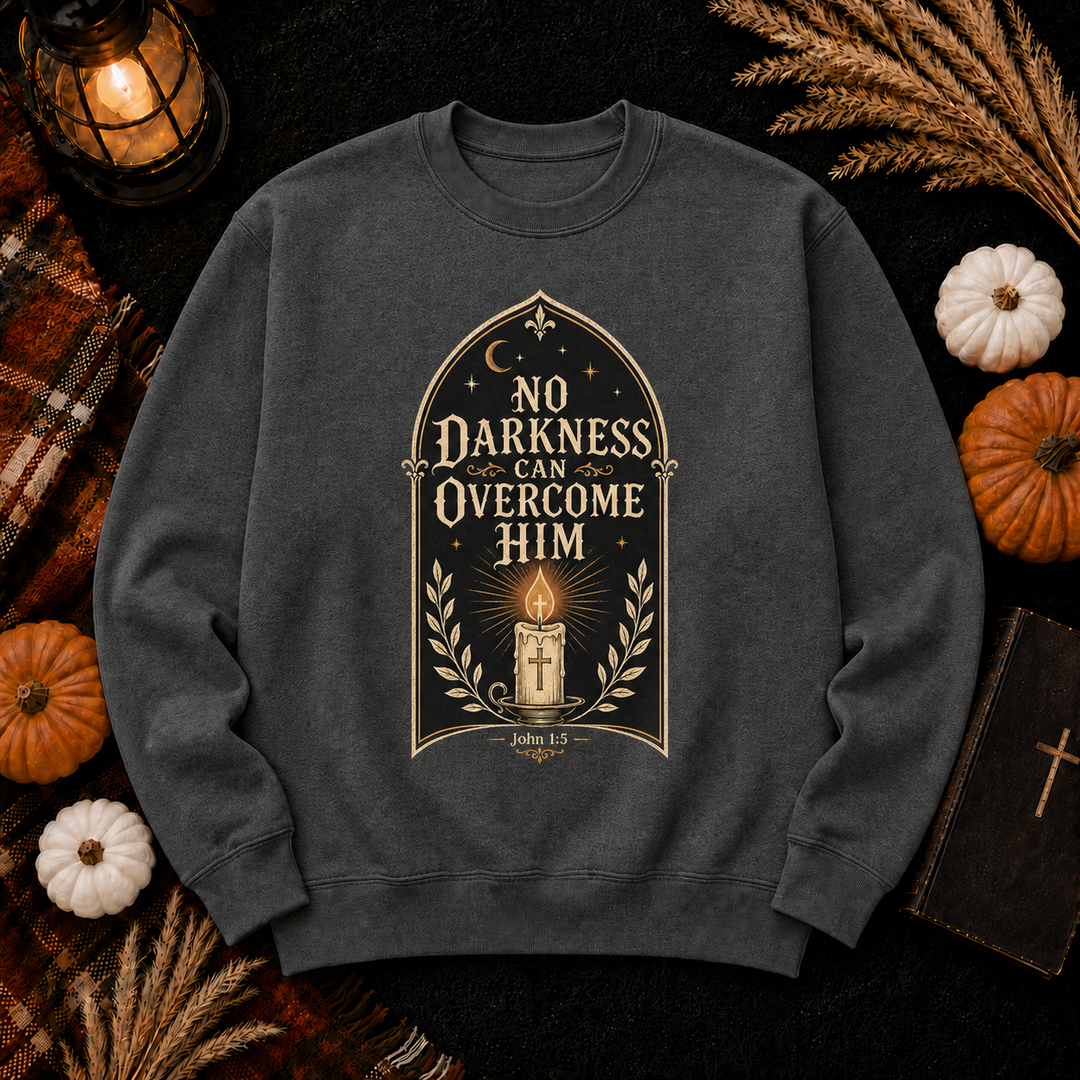 Inspirational Christian Sweatshirt - "No Darkness Can Overcome Him" Crewneck