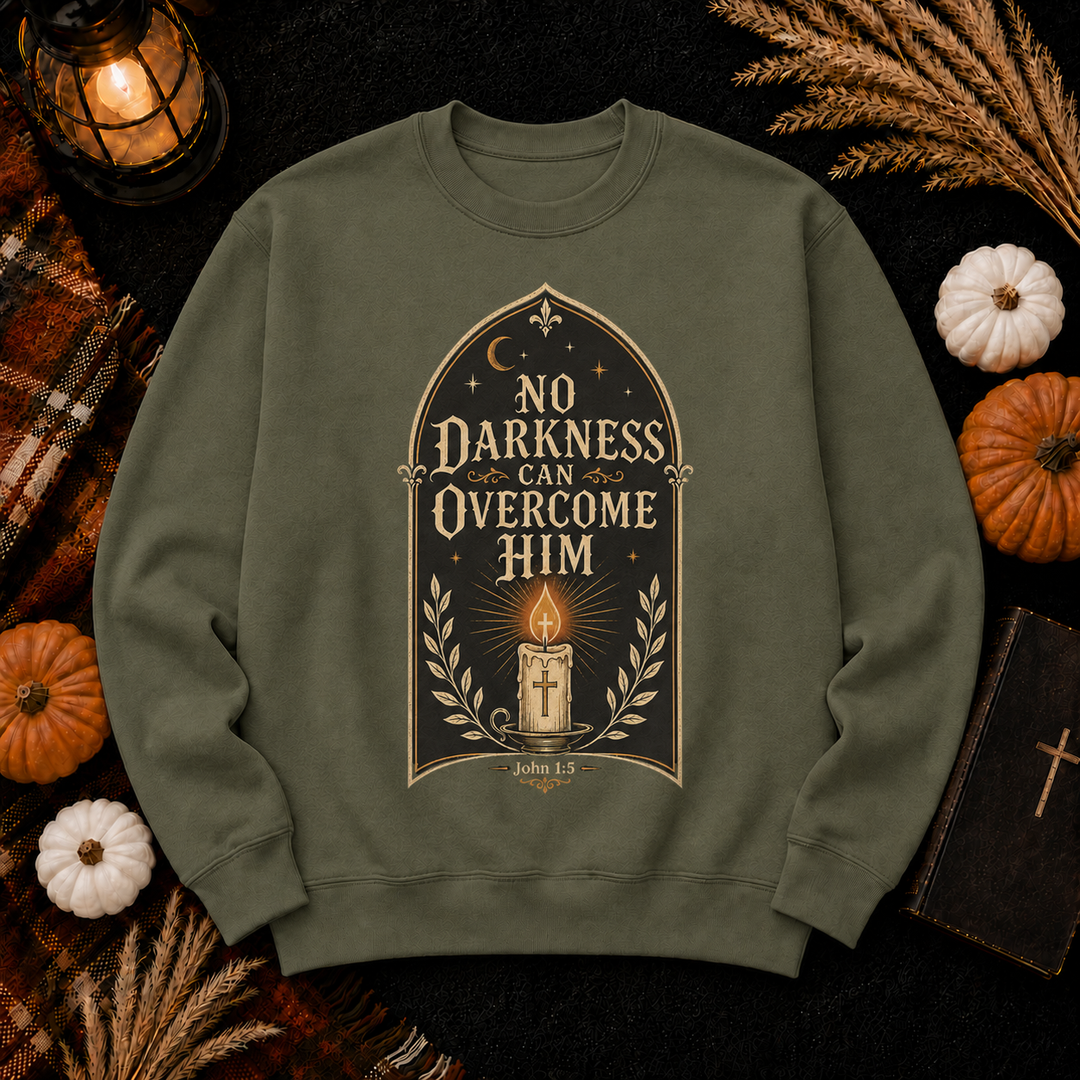 Inspirational Christian Sweatshirt - "No Darkness Can Overcome Him" Crewneck