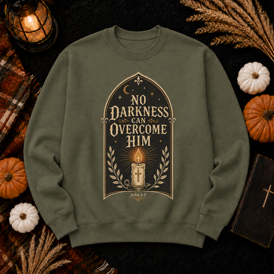 Inspirational Christian Sweatshirt - "No Darkness Can Overcome Him" Crewneck