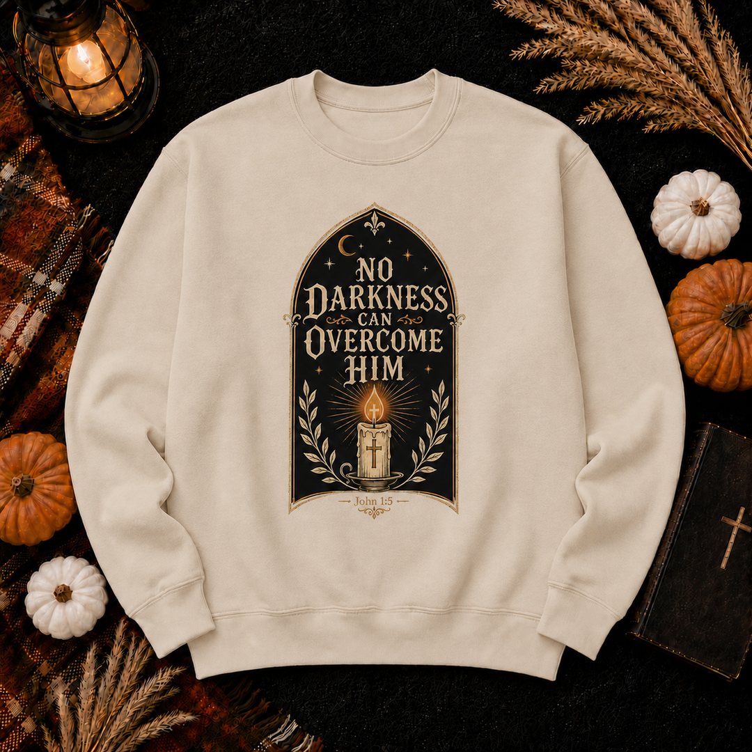 Inspirational Christian Sweatshirt - "No Darkness Can Overcome Him" Crewneck