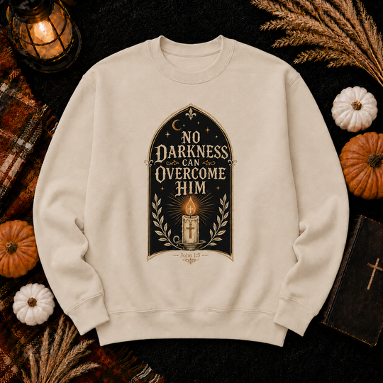 Inspirational Christian Sweatshirt - "No Darkness Can Overcome Him" Crewneck