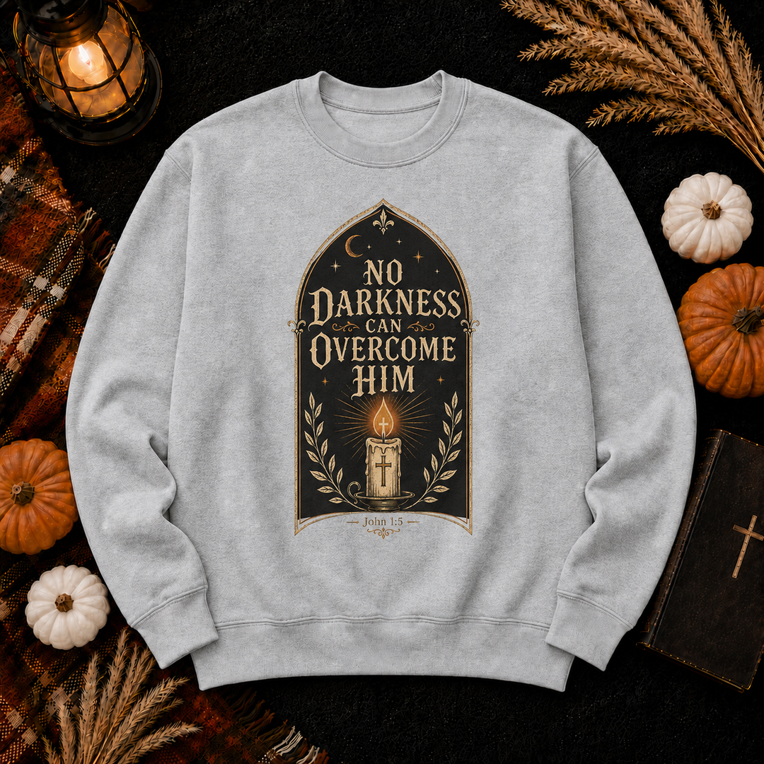 Inspirational Christian Sweatshirt - "No Darkness Can Overcome Him" Crewneck