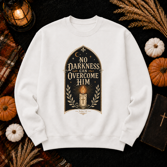 Inspirational Christian Sweatshirt - "No Darkness Can Overcome Him" Crewneck