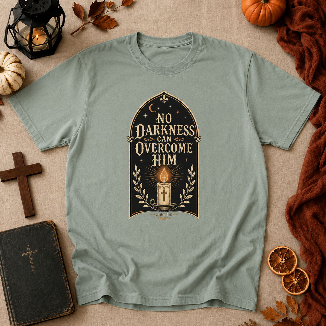 No Darkness Can Overcome Him T-Shirt – Christian Faith Candle Graphic Tee