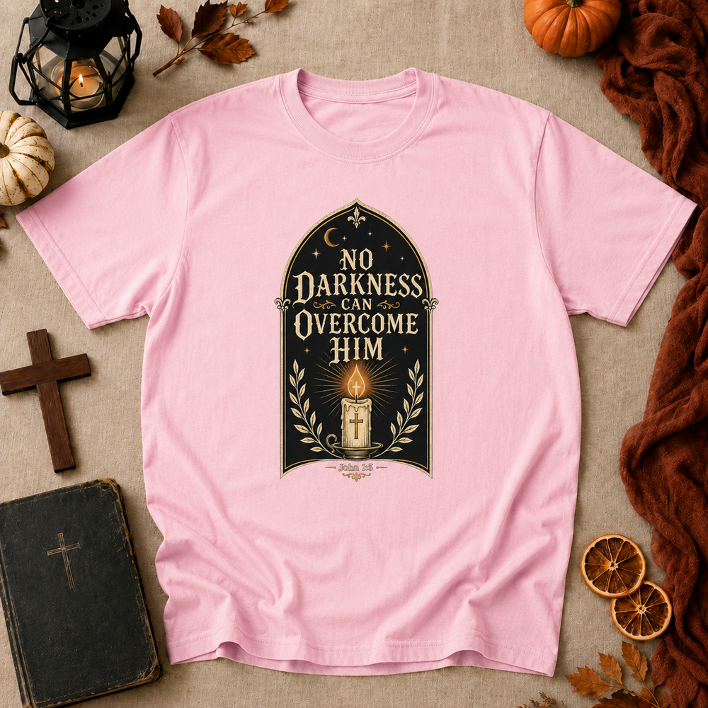 No Darkness Can Overcome Him T-Shirt – Christian Faith Candle Graphic Tee
