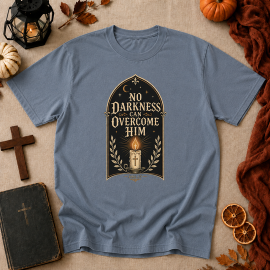 No Darkness Can Overcome Him T-Shirt – Christian Faith Candle Graphic Tee