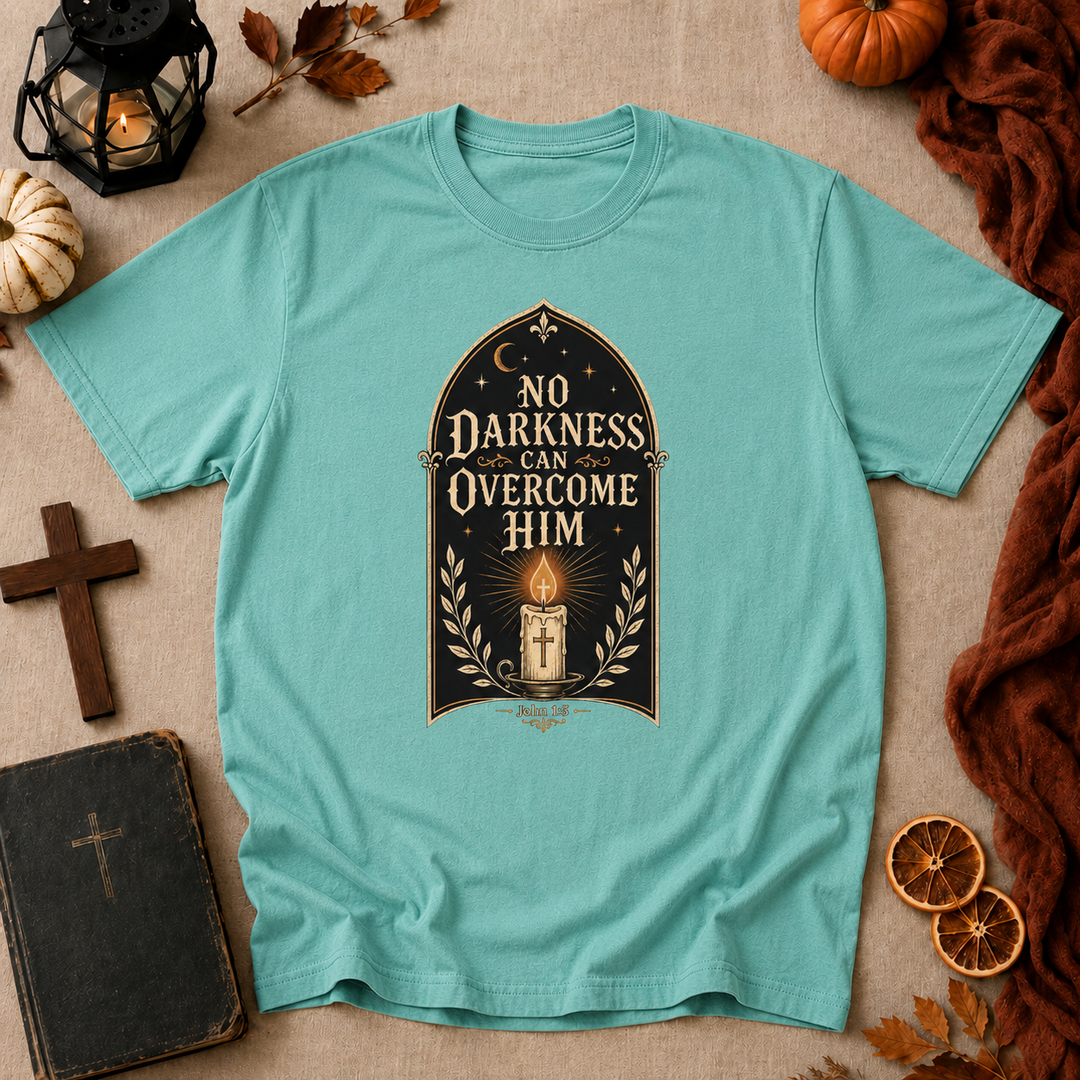 No Darkness Can Overcome Him T-Shirt – Christian Faith Candle Graphic Tee