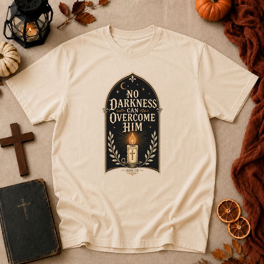 No Darkness Can Overcome Him T-Shirt – Christian Faith Candle Graphic Tee