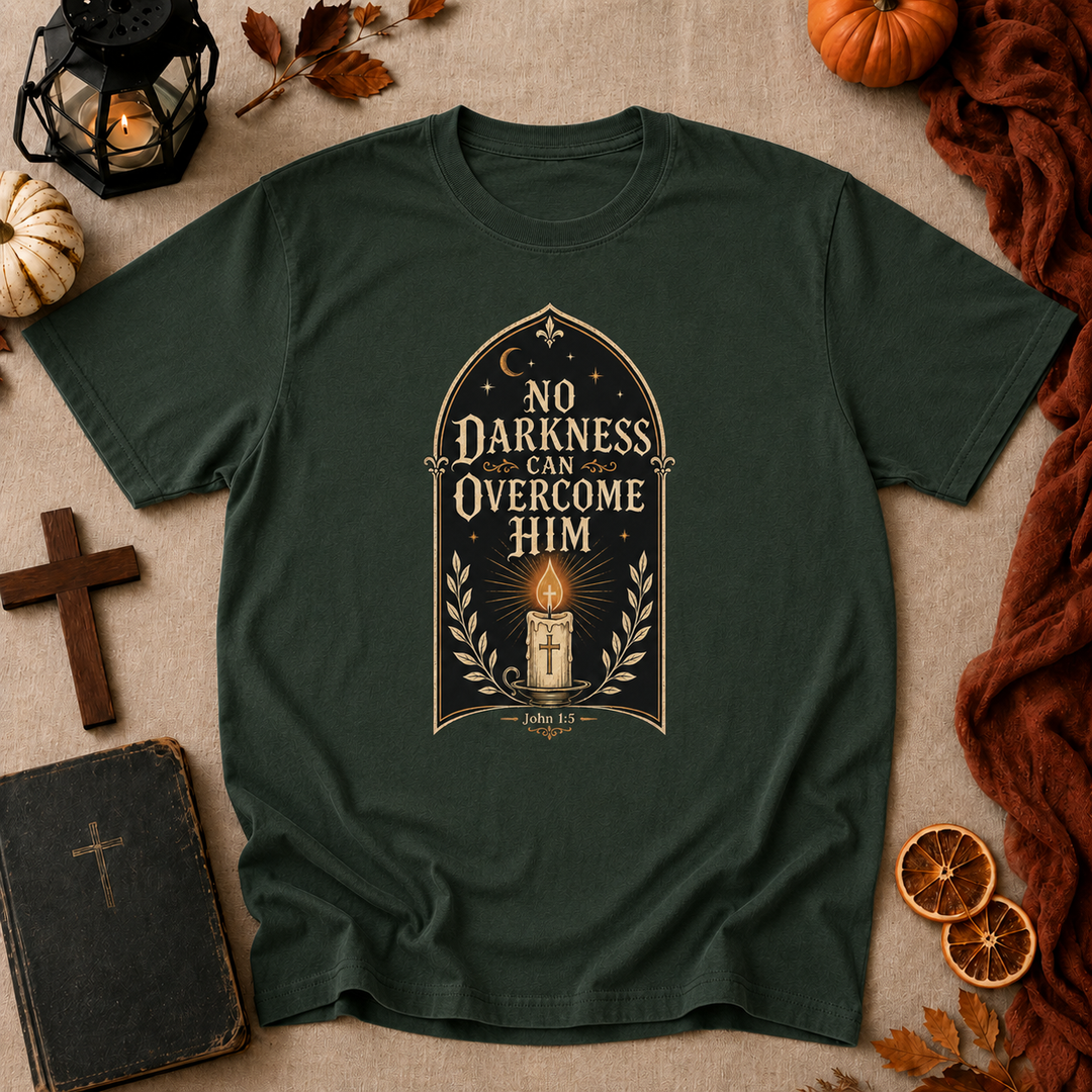No Darkness Can Overcome Him T-Shirt – Christian Faith Candle Graphic Tee