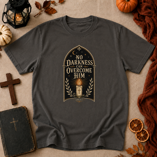 No Darkness Can Overcome Him T-Shirt – Christian Faith Candle Graphic Tee