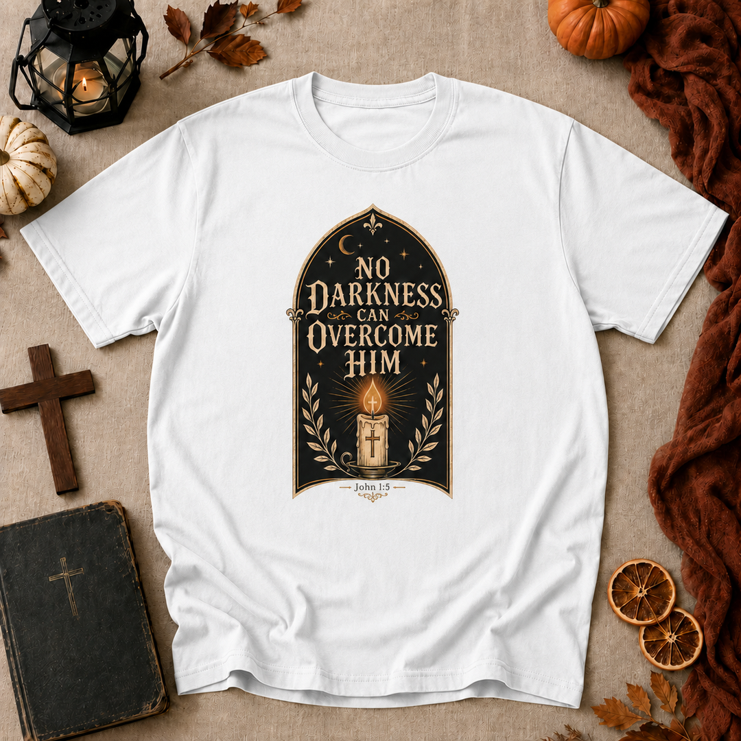 No Darkness Can Overcome Him T-Shirt – Christian Faith Candle Graphic Tee