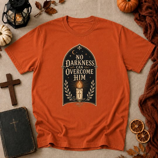 No Darkness Can Overcome Him T-Shirt – Christian Faith Candle Graphic Tee