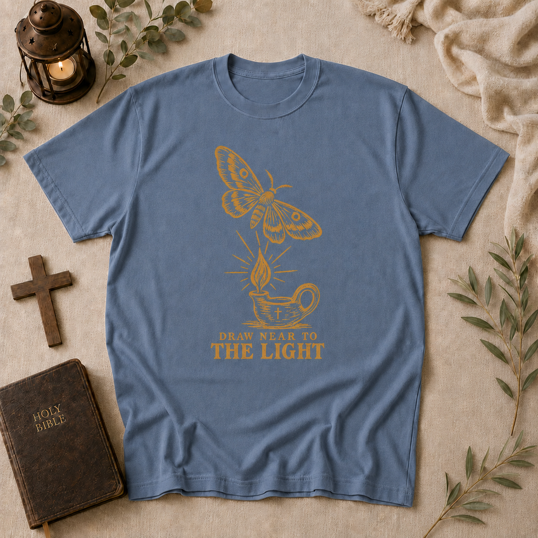 Draw Near To The Light Tee In Blue Jean #color_blue-jean