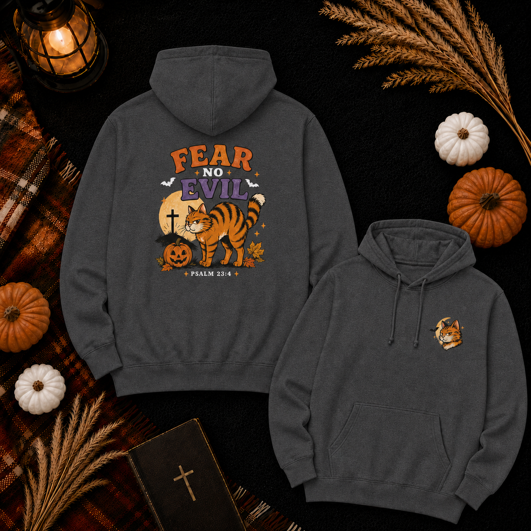 Fear No Evil Halloween Cat Hoodie — Spooky Pumpkin & Graveyard Graphic