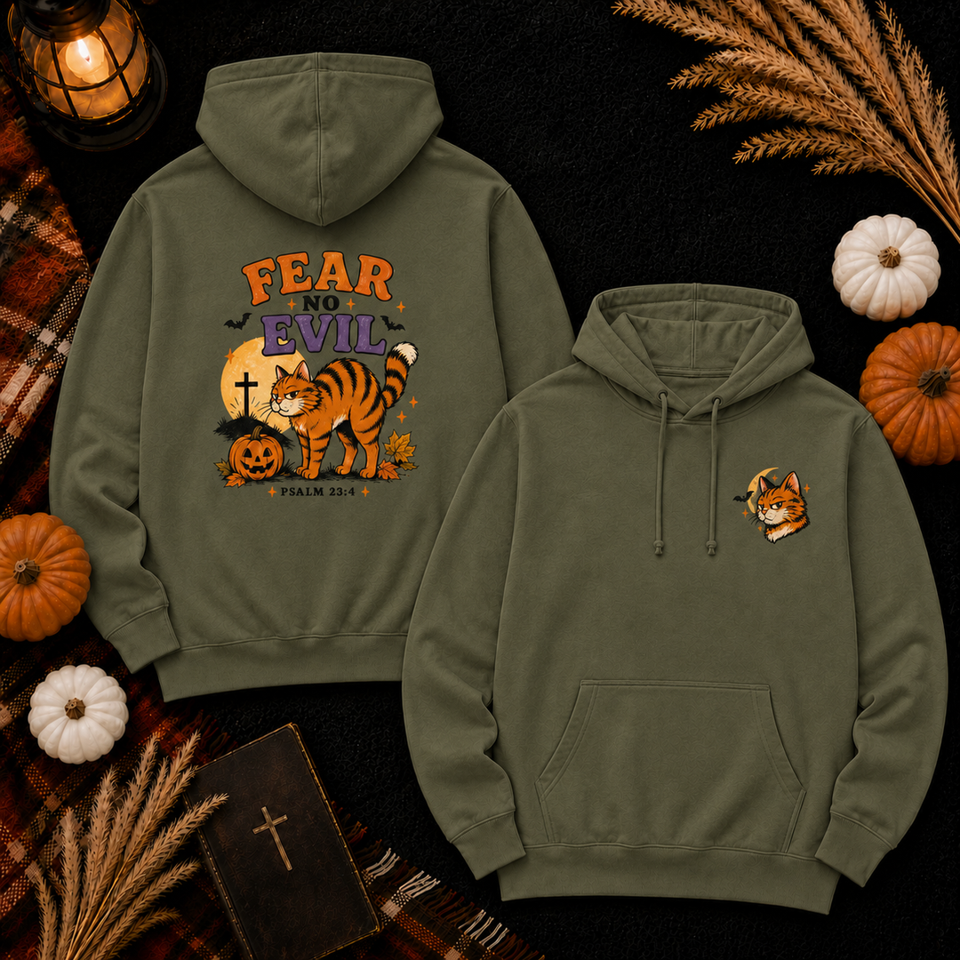 Fear No Evil Halloween Cat Hoodie — Spooky Pumpkin & Graveyard Graphic