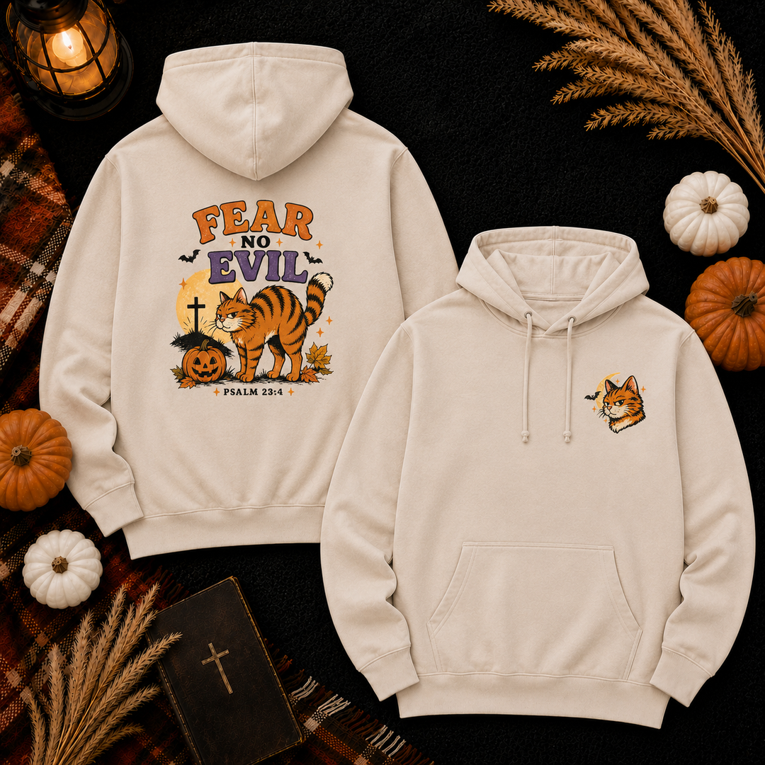 Fear No Evil Halloween Cat Hoodie — Spooky Pumpkin & Graveyard Graphic