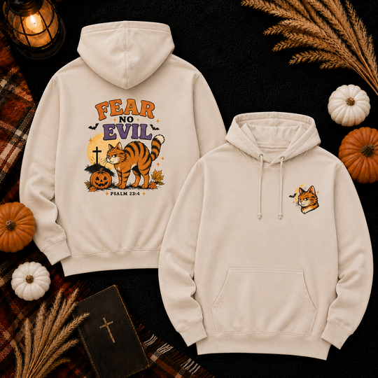 Fear No Evil Halloween Cat Hoodie — Spooky Pumpkin & Graveyard Graphic