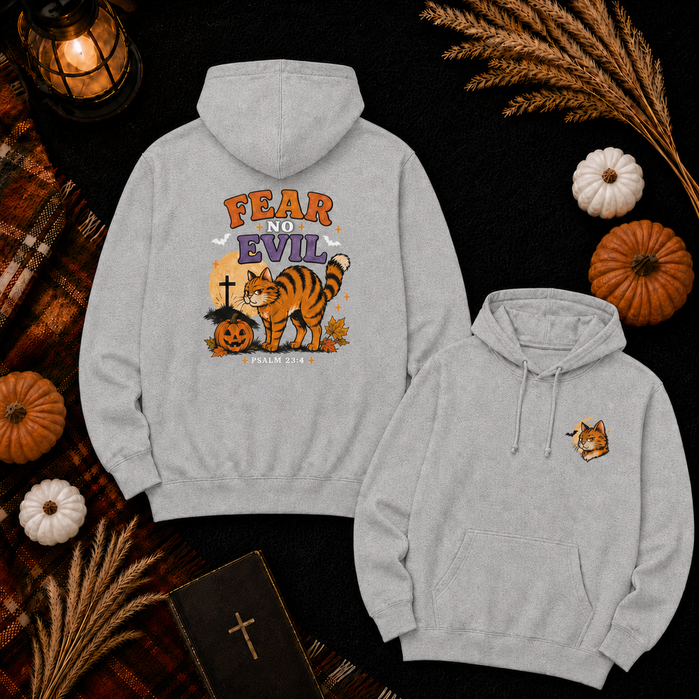 Fear No Evil Halloween Cat Hoodie — Spooky Pumpkin & Graveyard Graphic