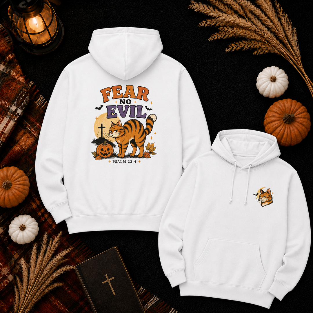 Fear No Evil Halloween Cat Hoodie — Spooky Pumpkin & Graveyard Graphic