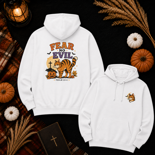 Fear No Evil Halloween Cat Hoodie — Spooky Pumpkin & Graveyard Graphic