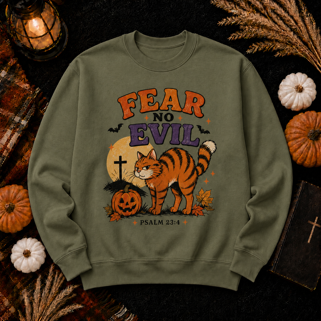 Fear No Evil Cat Crewneck Sweatshirt — Halloween Christian Psalm 23:4 Pullover