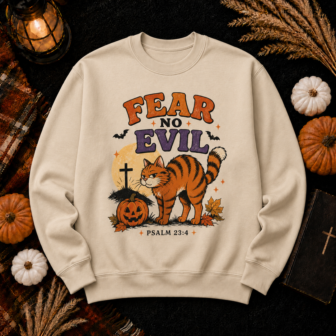 Fear No Evil Cat Crewneck Sweatshirt — Halloween Christian Psalm 23:4 Pullover