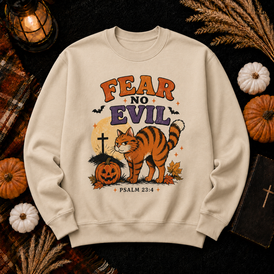 Fear No Evil Cat Crewneck Sweatshirt — Halloween Christian Psalm 23:4 Pullover