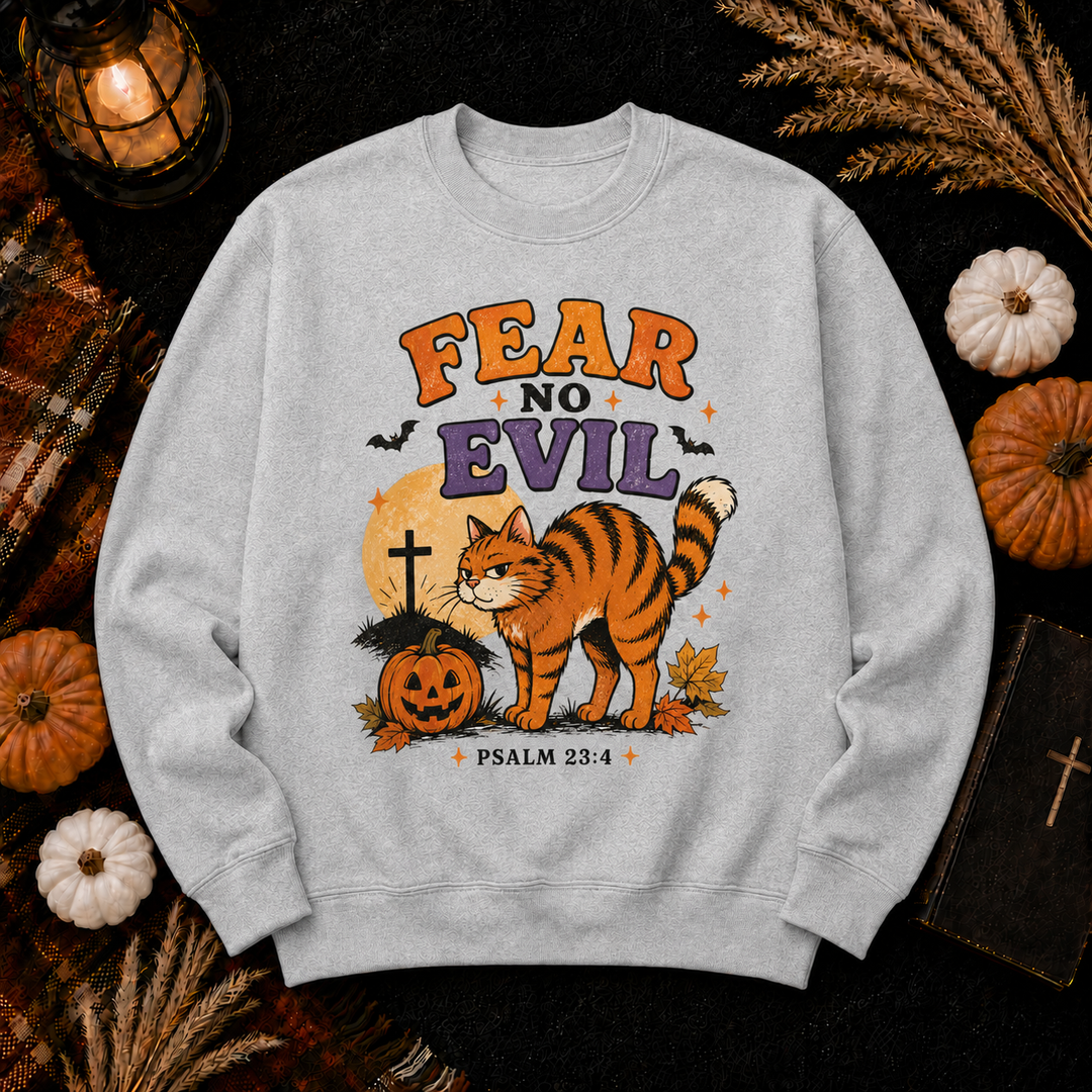 Fear No Evil Cat Crewneck Sweatshirt — Halloween Christian Psalm 23:4 Pullover