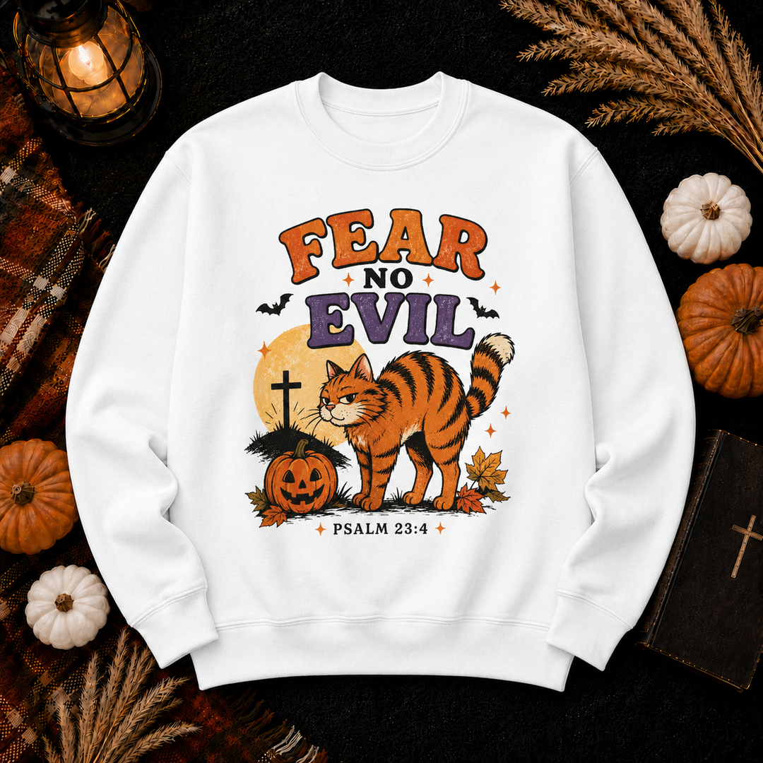 Fear No Evil Cat Crewneck Sweatshirt — Halloween Christian Psalm 23:4 Pullover