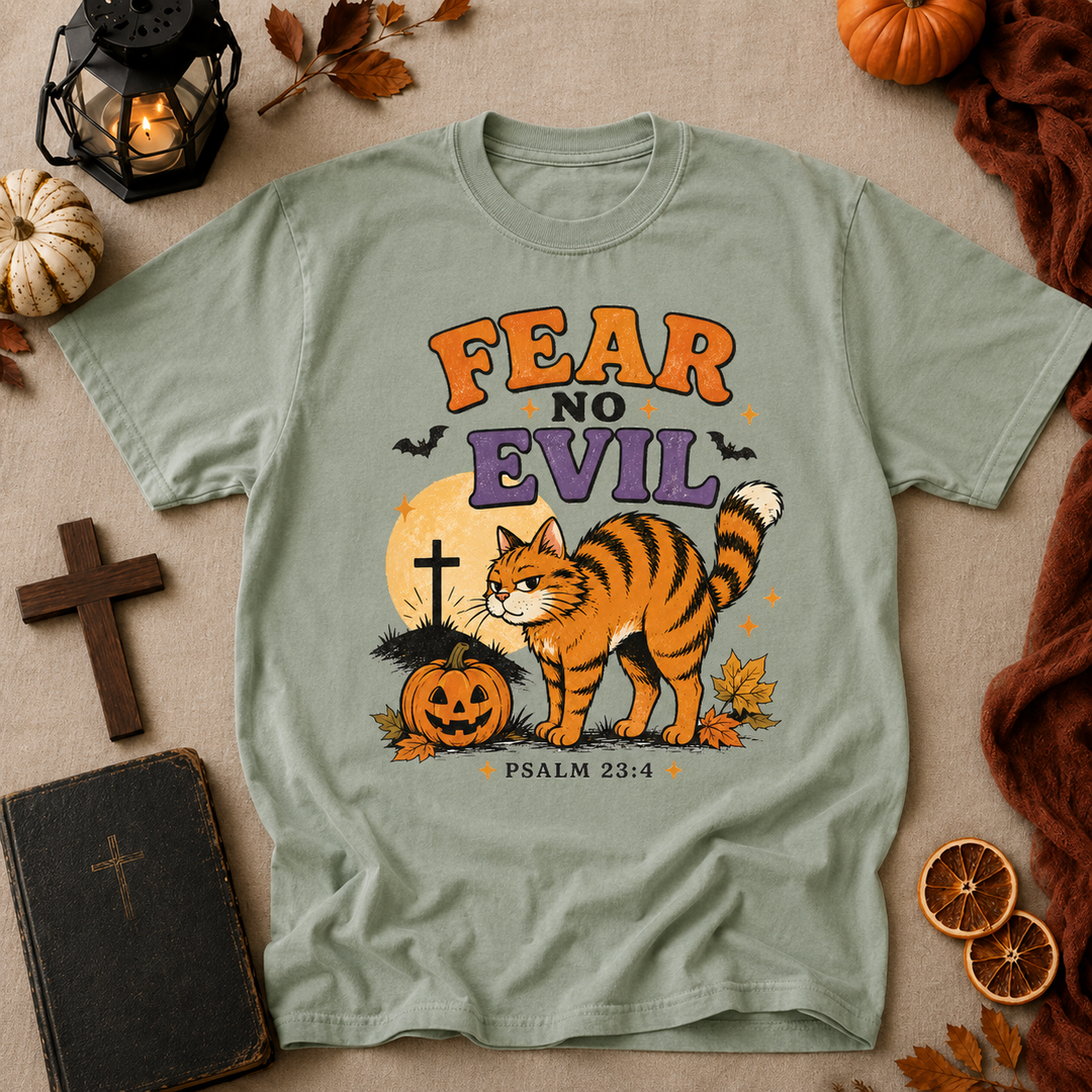 Fear No Evil T‑Shirt — Halloween Psalm 23:4 Cat Graphic Tee