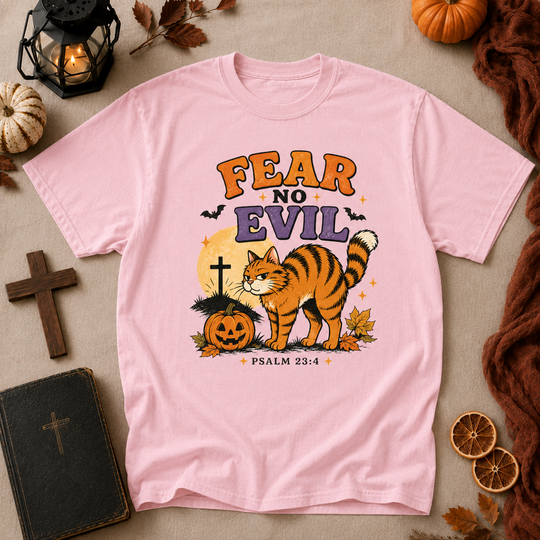 Fear No Evil T‑Shirt — Halloween Psalm 23:4 Cat Graphic Tee
