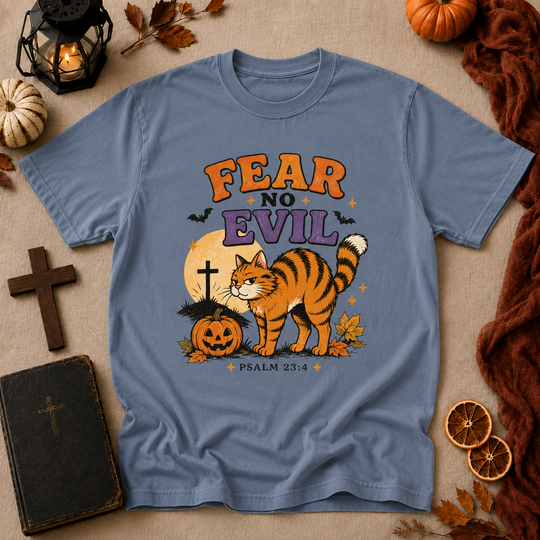 Fear No Evil T‑Shirt — Halloween Psalm 23:4 Cat Graphic Tee