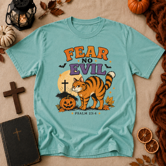 Fear No Evil T‑Shirt — Halloween Psalm 23:4 Cat Graphic Tee
