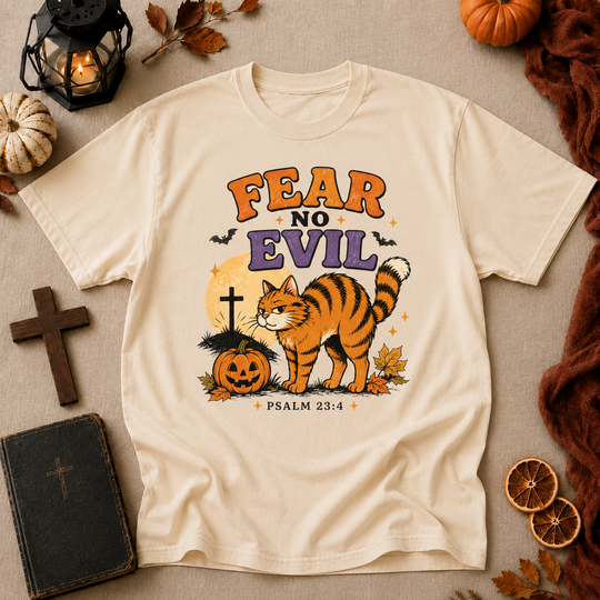 Fear No Evil T‑Shirt — Halloween Psalm 23:4 Cat Graphic Tee