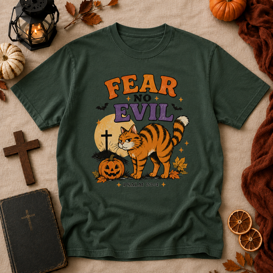 Fear No Evil T‑Shirt — Halloween Psalm 23:4 Cat Graphic Tee