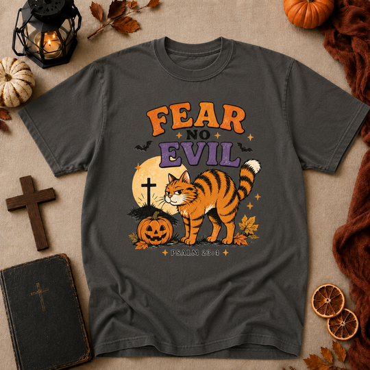 Fear No Evil T‑Shirt — Halloween Psalm 23:4 Cat Graphic Tee