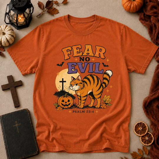Fear No Evil T‑Shirt — Halloween Psalm 23:4 Cat Graphic Tee