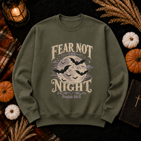 Crewneck Sweatshirt — "Fear Not the Night" Bat & Psalm 91:5 Christian Graphic