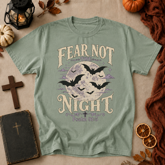 Fear Not the Night T-Shirt — Christian Faith Halloween Tee with Moon & Bats