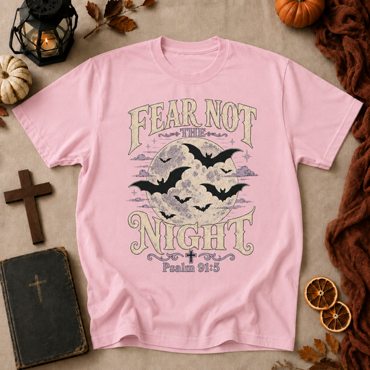 Fear Not the Night T-Shirt — Christian Faith Halloween Tee with Moon & Bats