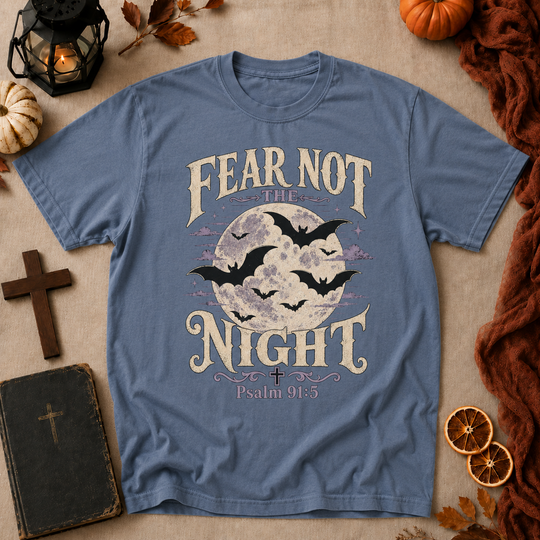 Fear Not the Night T-Shirt — Christian Faith Halloween Tee with Moon & Bats