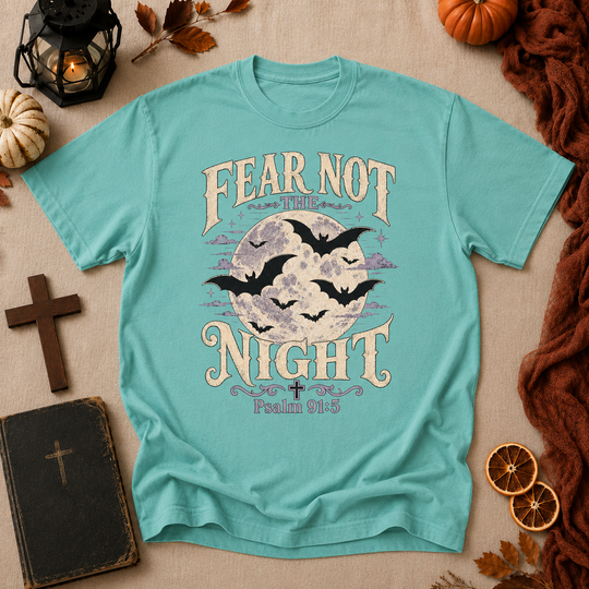 Fear Not the Night T-Shirt — Christian Faith Halloween Tee with Moon & Bats