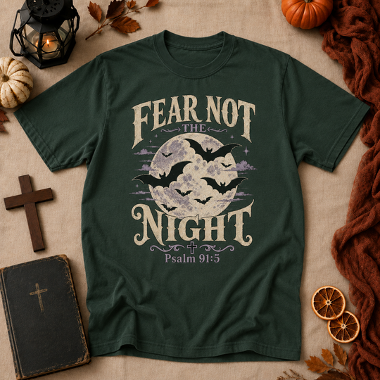 Fear Not the Night T-Shirt — Christian Faith Halloween Tee with Moon & Bats