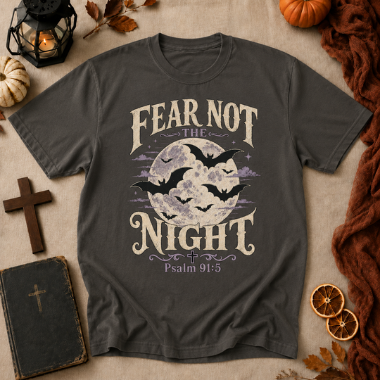 Fear Not the Night T-Shirt — Christian Faith Halloween Tee with Moon & Bats