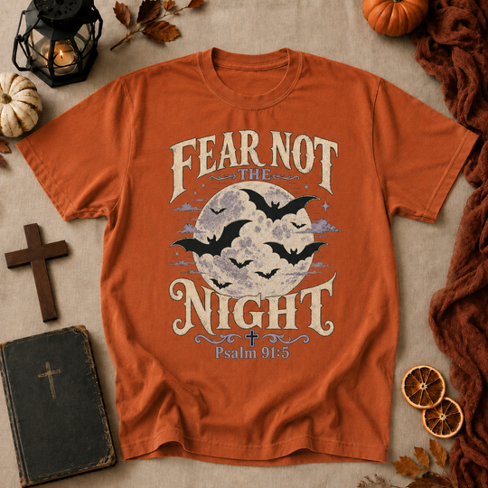 Fear Not the Night T-Shirt — Christian Faith Halloween Tee with Moon & Bats