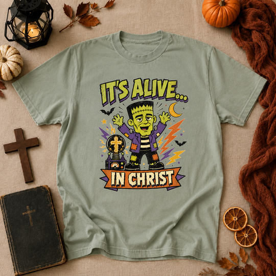 Christian Frankenstein T-Shirt — "It's Alive... In Christ" Graphic Tee