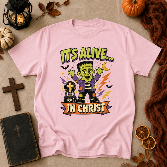 Christian Frankenstein T-Shirt — "It's Alive... In Christ" Graphic Tee