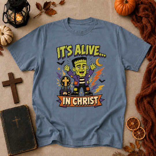 Christian Frankenstein T-Shirt — "It's Alive... In Christ" Graphic Tee