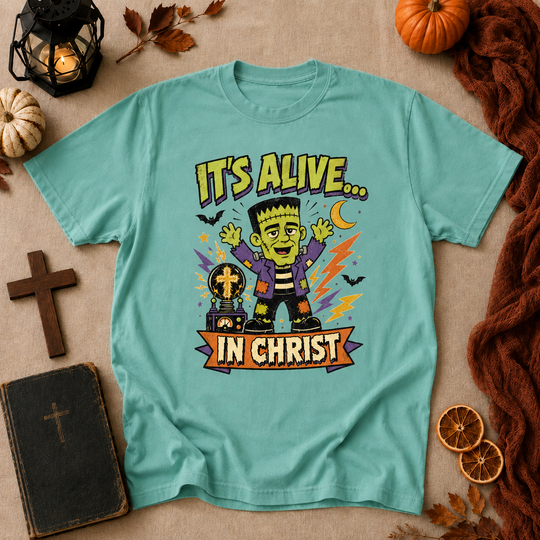 Christian Frankenstein T-Shirt — "It's Alive... In Christ" Graphic Tee